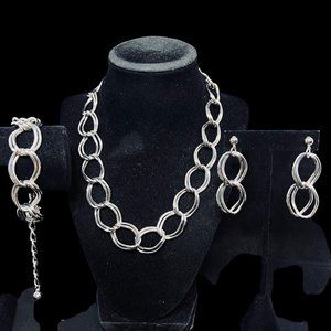 Silver Tone Double Chain Necklace, Bracelet And Earrings Set (5080)